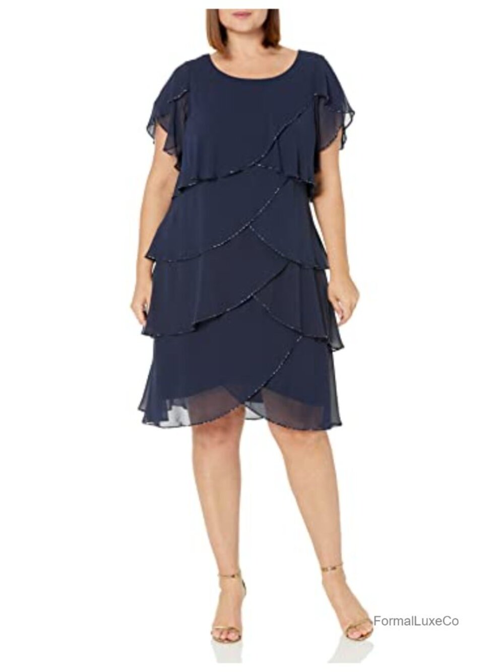 Plus Size Capelet Tier Dress Beaded Chiffon Formal Cocktail